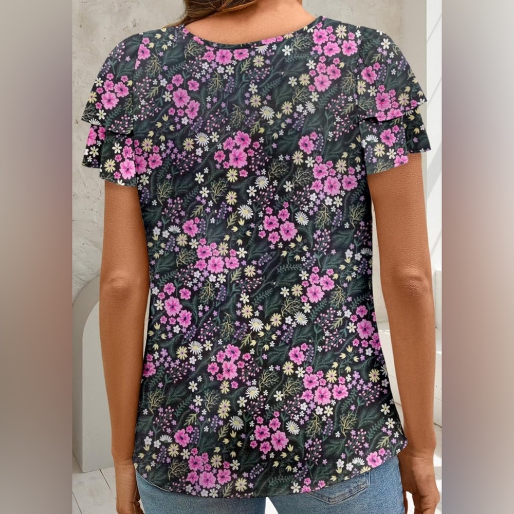 Floral Tiered Flutter Sleeve Pleated Top XL - Picture 2 of 11
